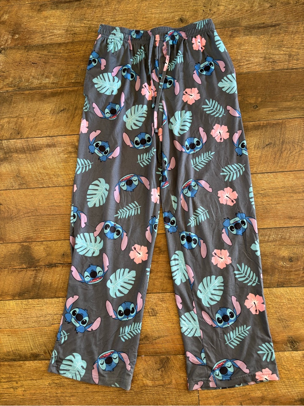 Disney Gray Pajama Pants with Blue Stitch and Pink Floral Print